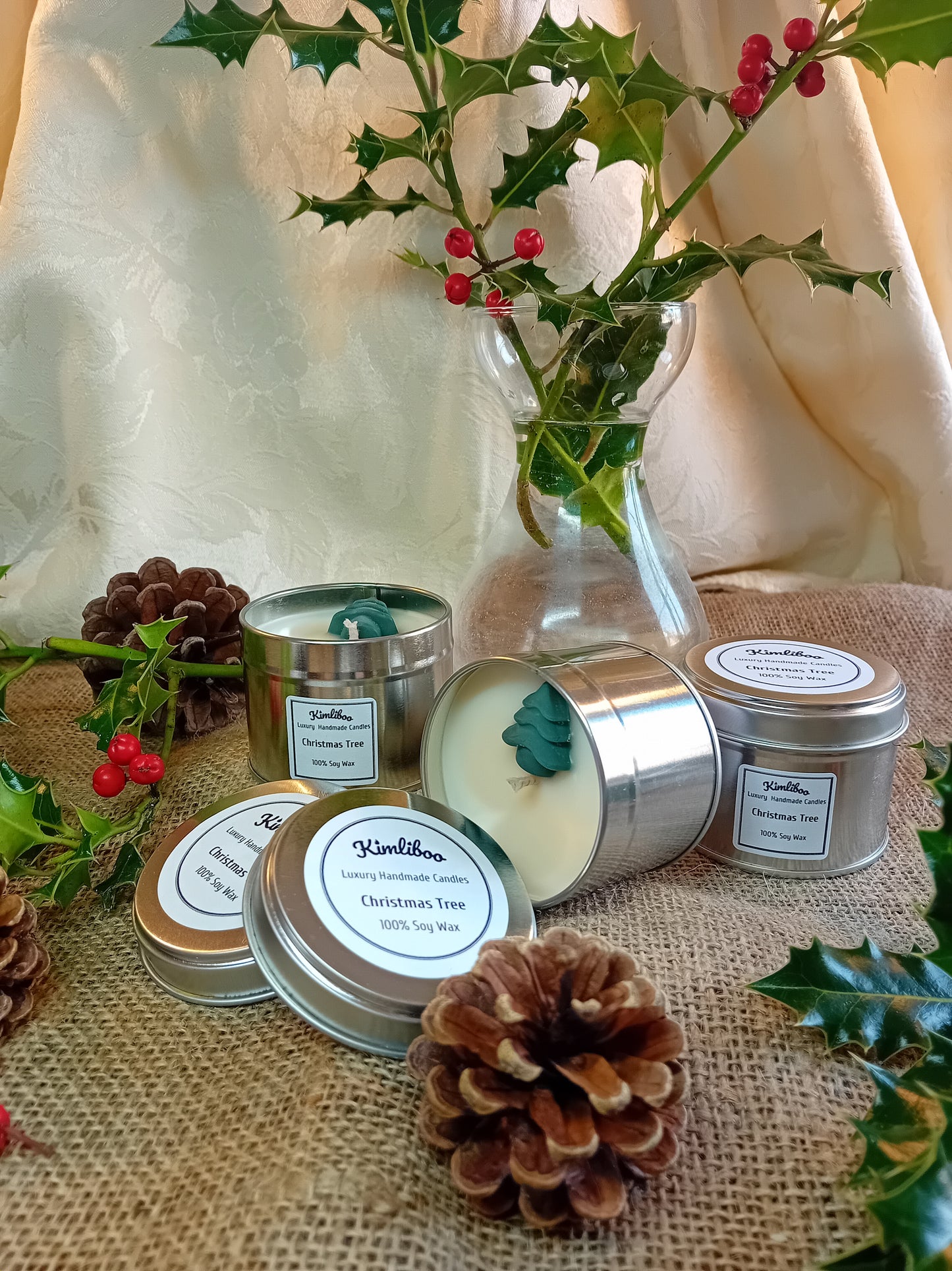 Small silver tin with Christmas Tree fragrance and one Christmas Tree wax decoration