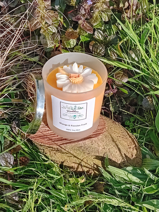 Mango & Passion Fruit fragranced orange candle in a 30cl frosted jar with wooden wick and a large daisy-shaped wax decoration. 