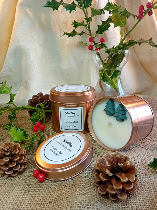 Large rose gold tin with Christmas Tree fragranced candle and two Christmas Tree wax  decorations