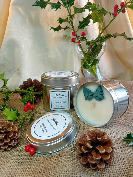 Large silver tin with Christmas Tree fragranced candle and two Christmas Tree wax decorations