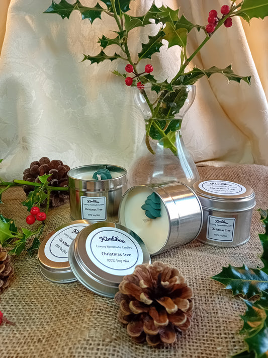 Small silver tin with Christmas Tree fragrance and one Christmas Tree wax decoration